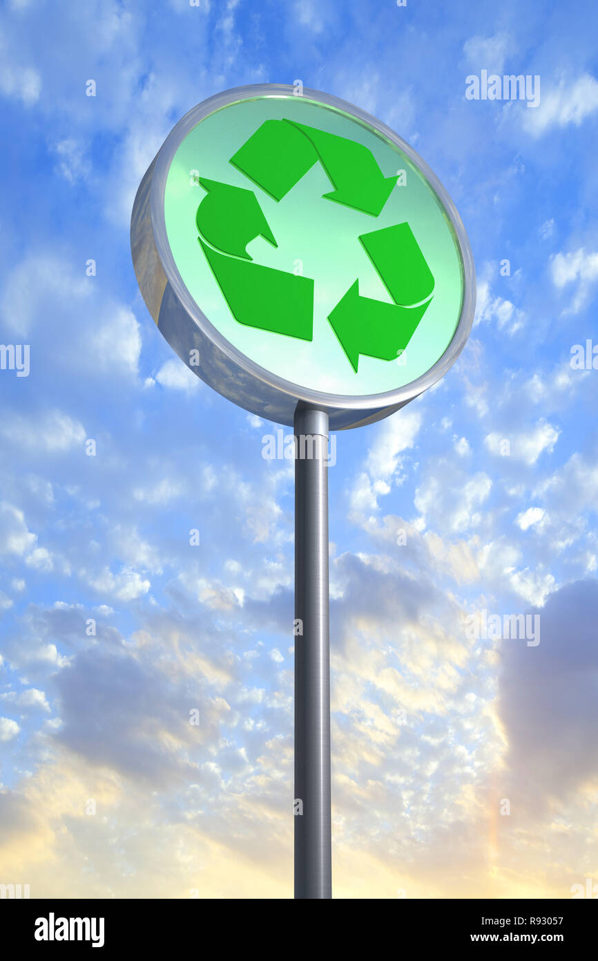 3D rendering of a recycle sign against the sky Stock Photo