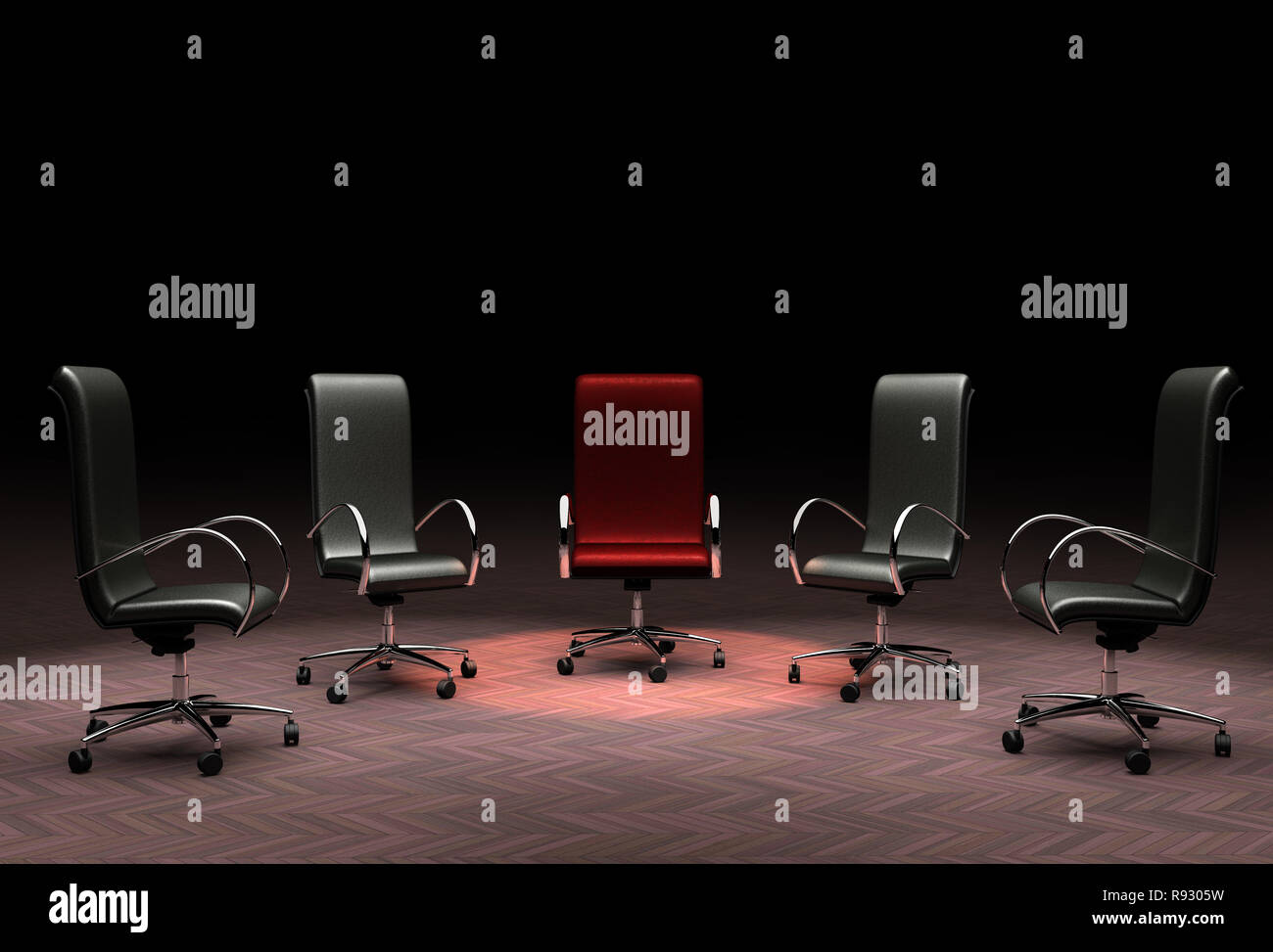 3D rendering of a group of office chairs representing the concepts of leadership, stand out from the crowd, different. Stock Photo
