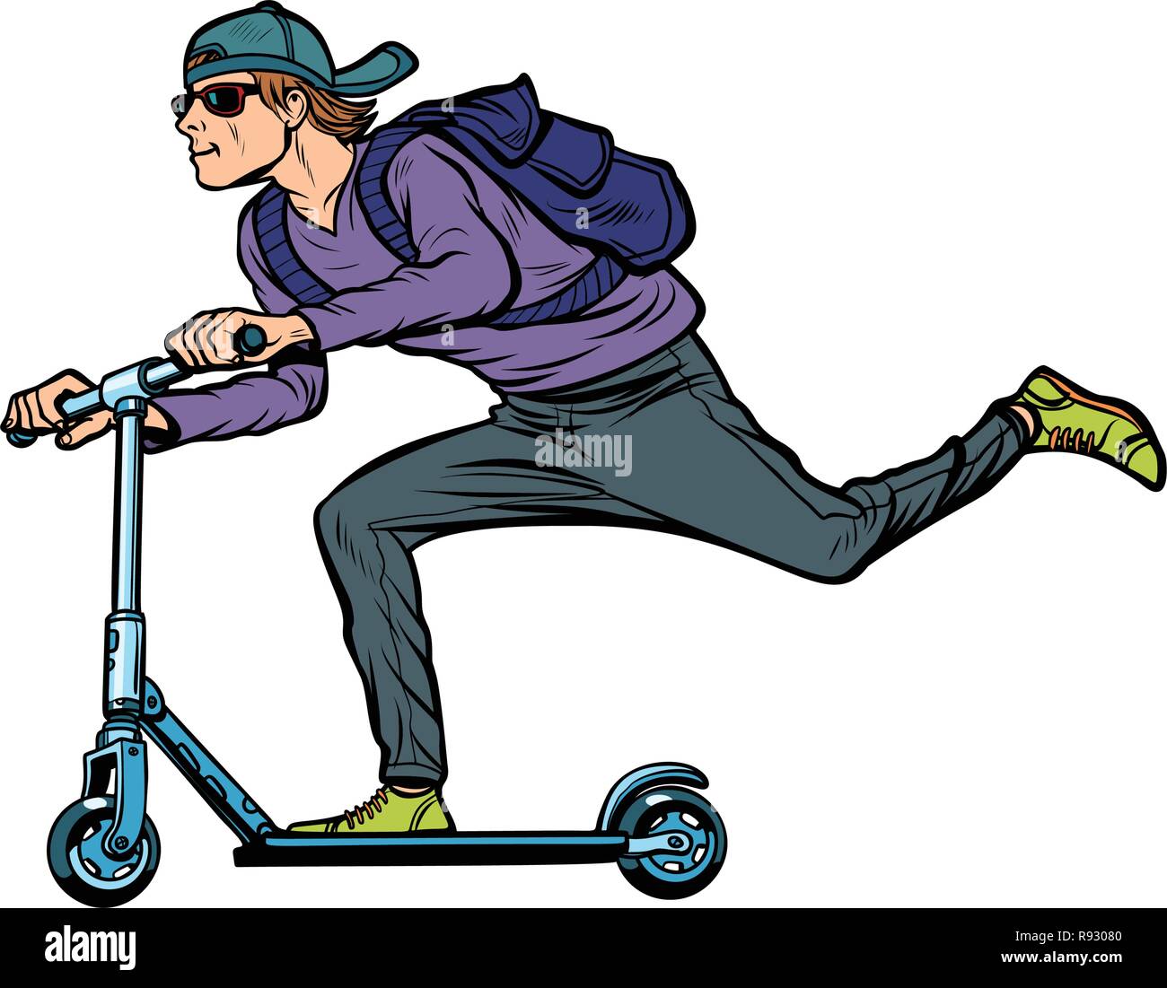 fashionable young man on a scooter, action sports. Pop art retro vector illustration vintage kitsch Stock Vector
