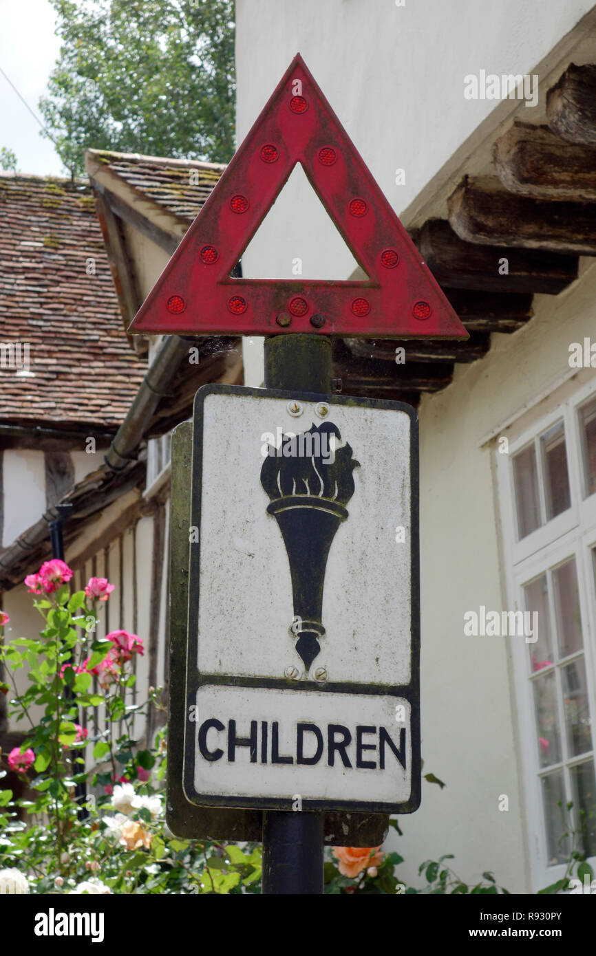 Vintage road sign warning of children in the village of Kersey, Suffolk Stock Photo