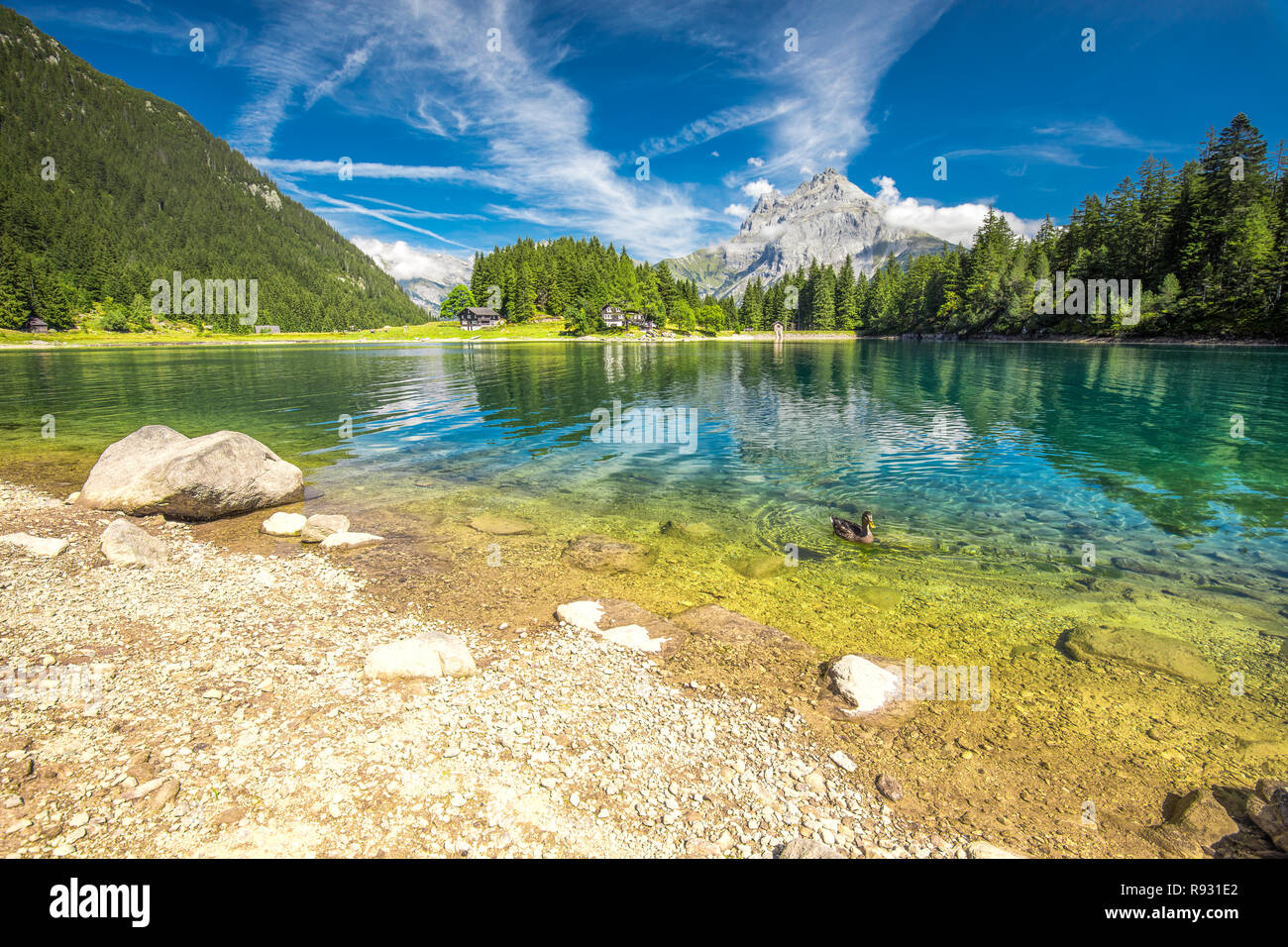 Arnisee with Swiss Alps. Arnisee is a reservoir in the Canton of Uri, Switzerland, Europe. Stock Photo
