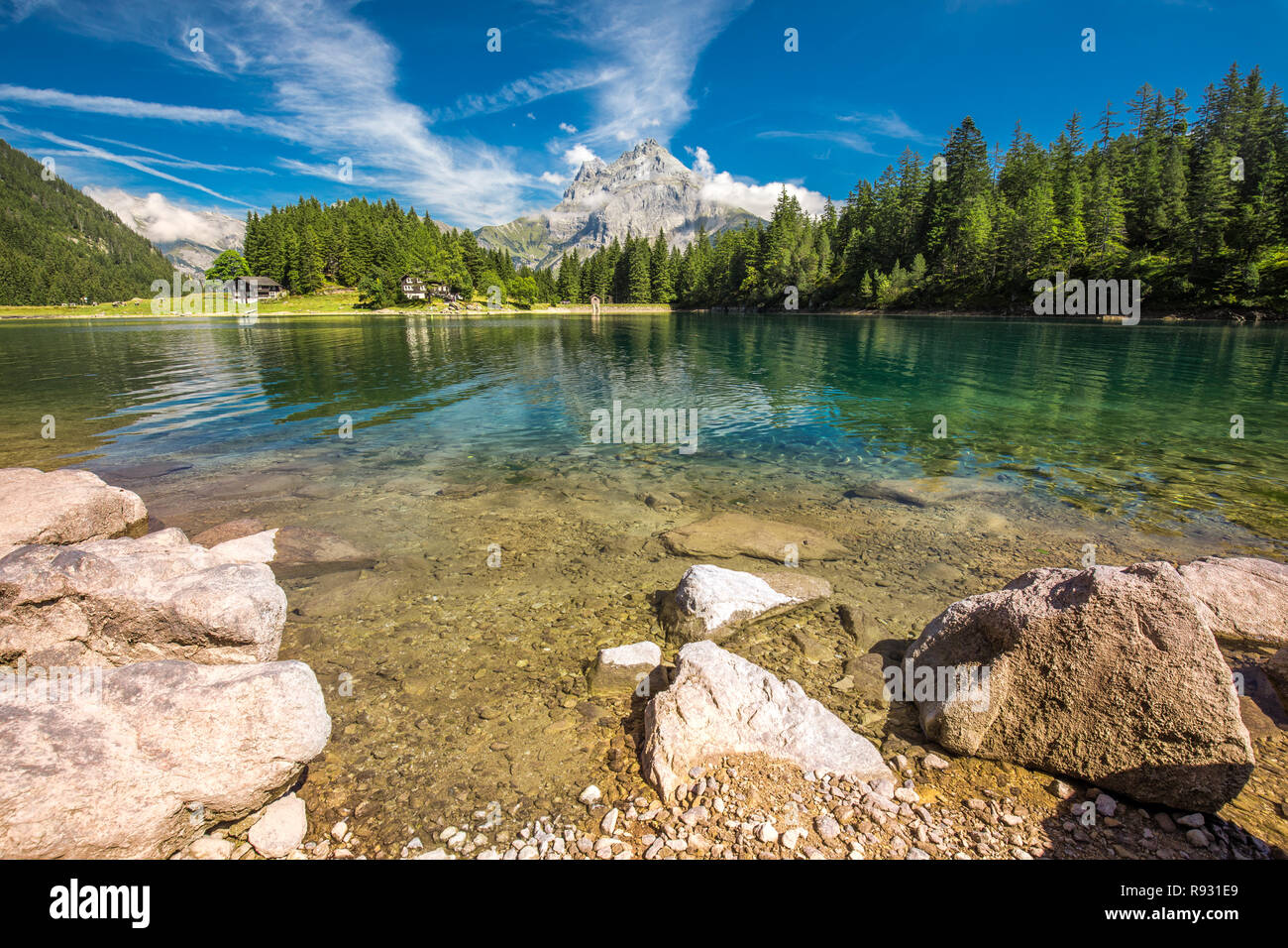 Arnisee with Swiss Alps. Arnisee is a reservoir in the Canton of Uri, Switzerland, Europe. Stock Photo