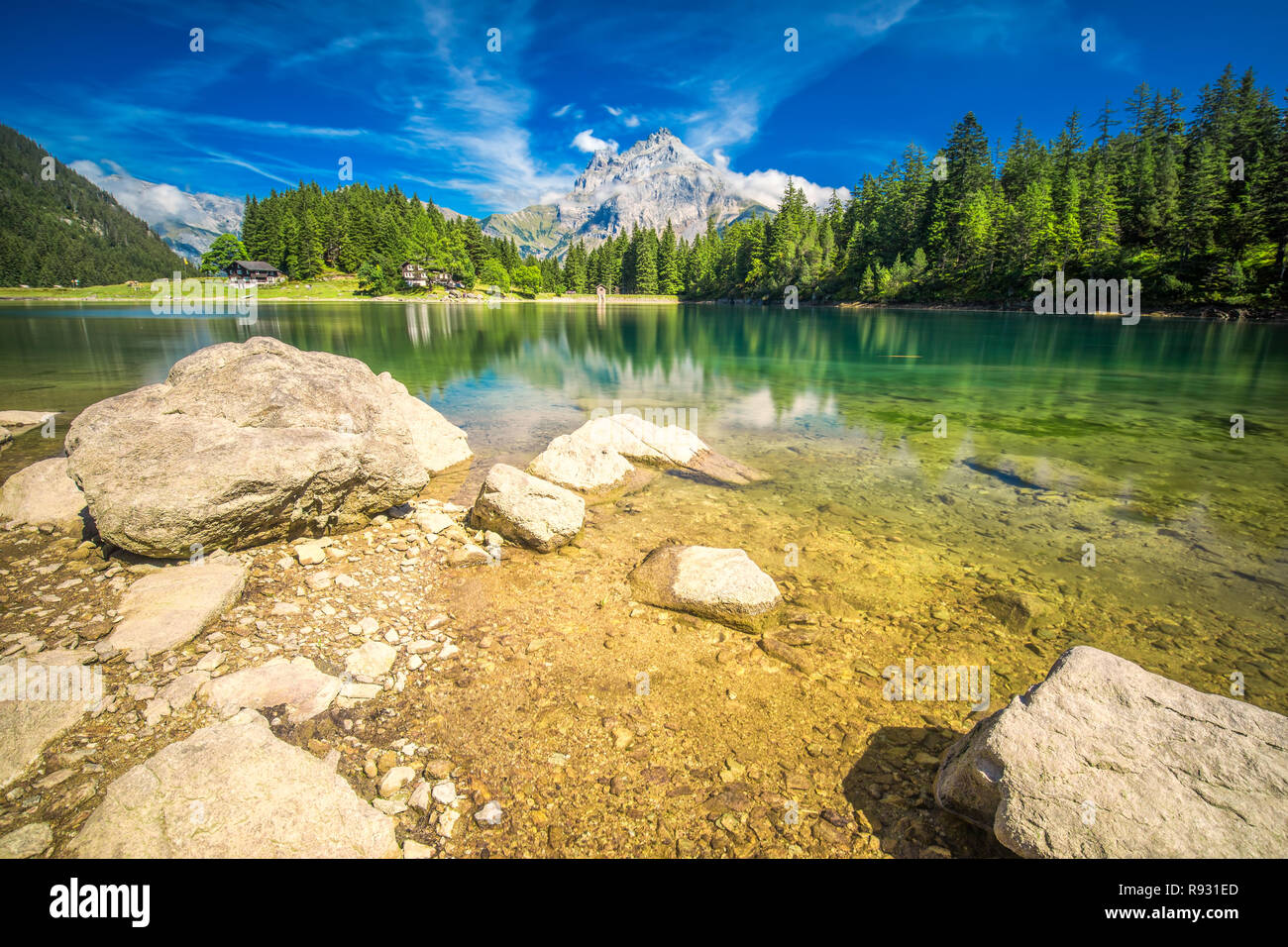 Arnisee with Swiss Alps. Arnisee is a reservoir in the Canton of Uri, Switzerland, Europe. Stock Photo