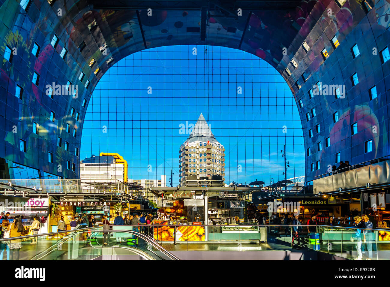 The modern architecture of Market Hall, a multi purpose building with its many eateries, shops
