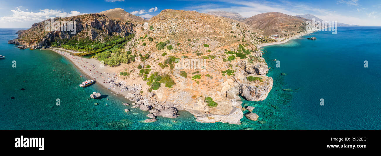 Preveli beach on Crete island with azure clear water, Greece, Europe. Crete is the largest and most populous of the Greek islands. Stock Photo