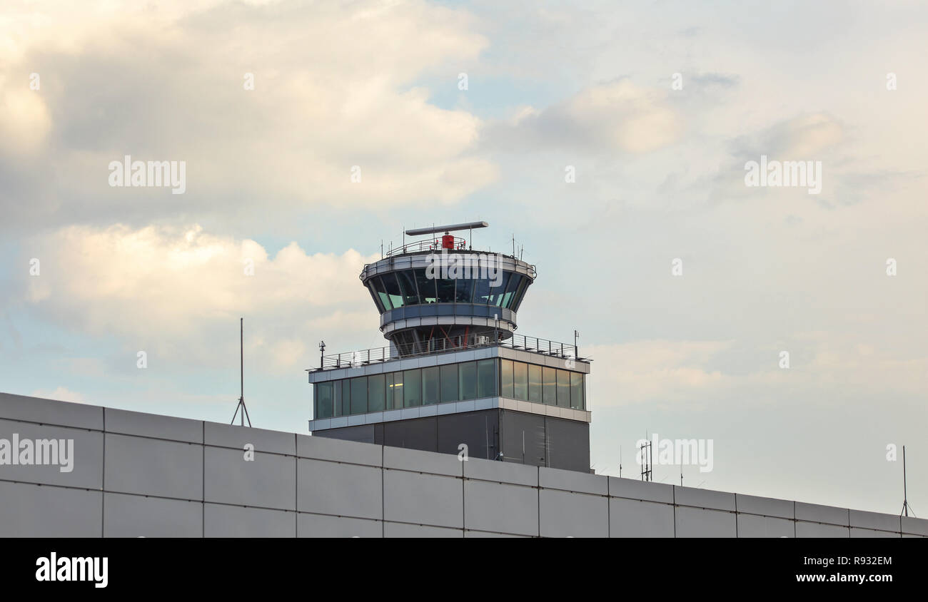 Prague, Czech Republic - July 28th, 2018: Air traffic control tower at Ruzyne Vaclav Havel international airport which handles 15 millions passengers Stock Photo