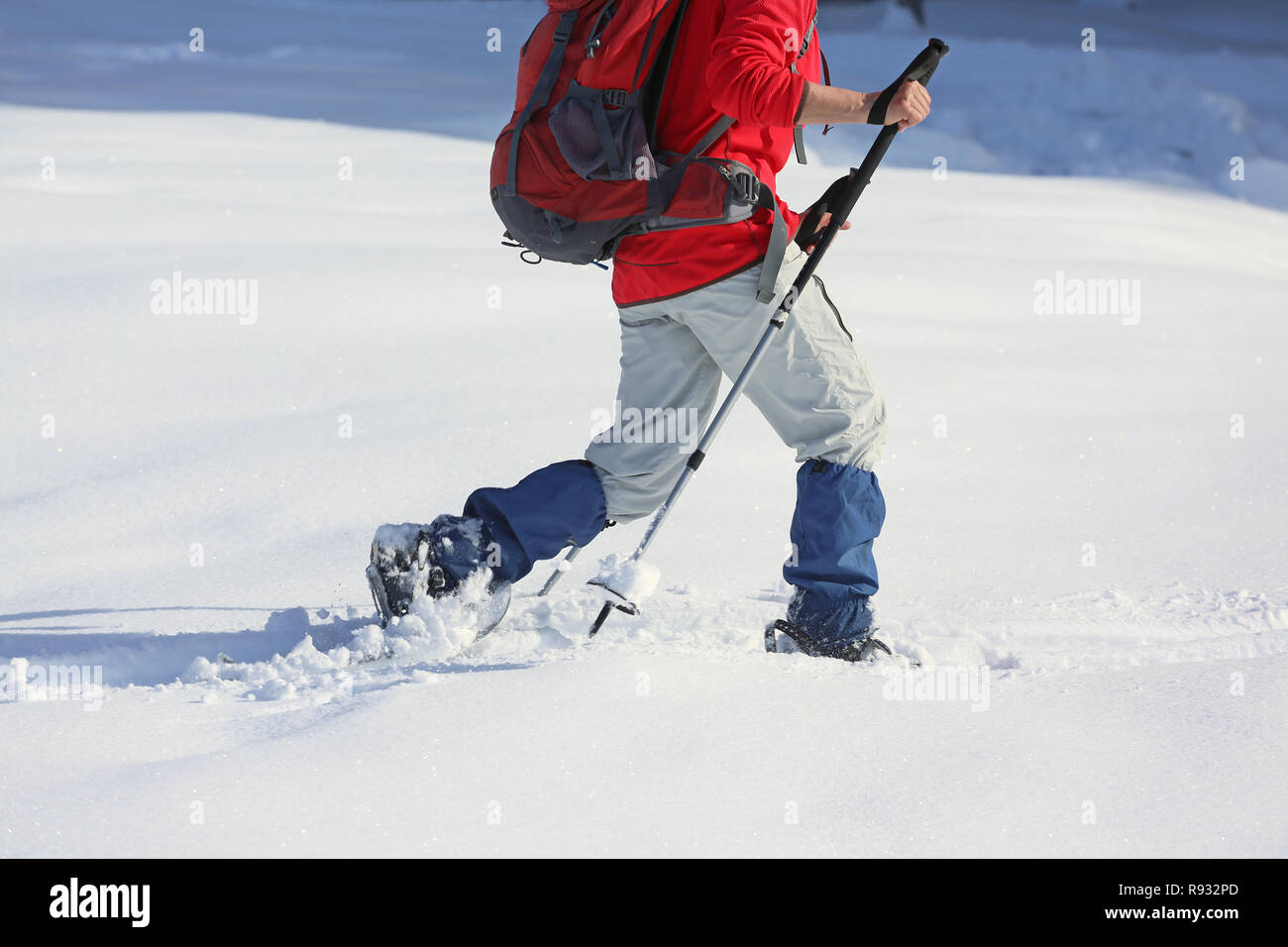 hiking with sticks and snowshoes Stock Photo Alamy