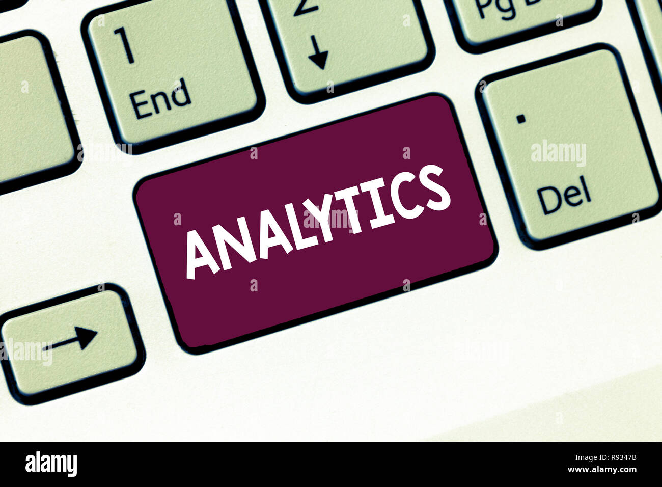 Writing note showing Analytics. Business photo showcasing systematic computational analysis of data statistics or infos Keyboard Intention to create c Stock Photo