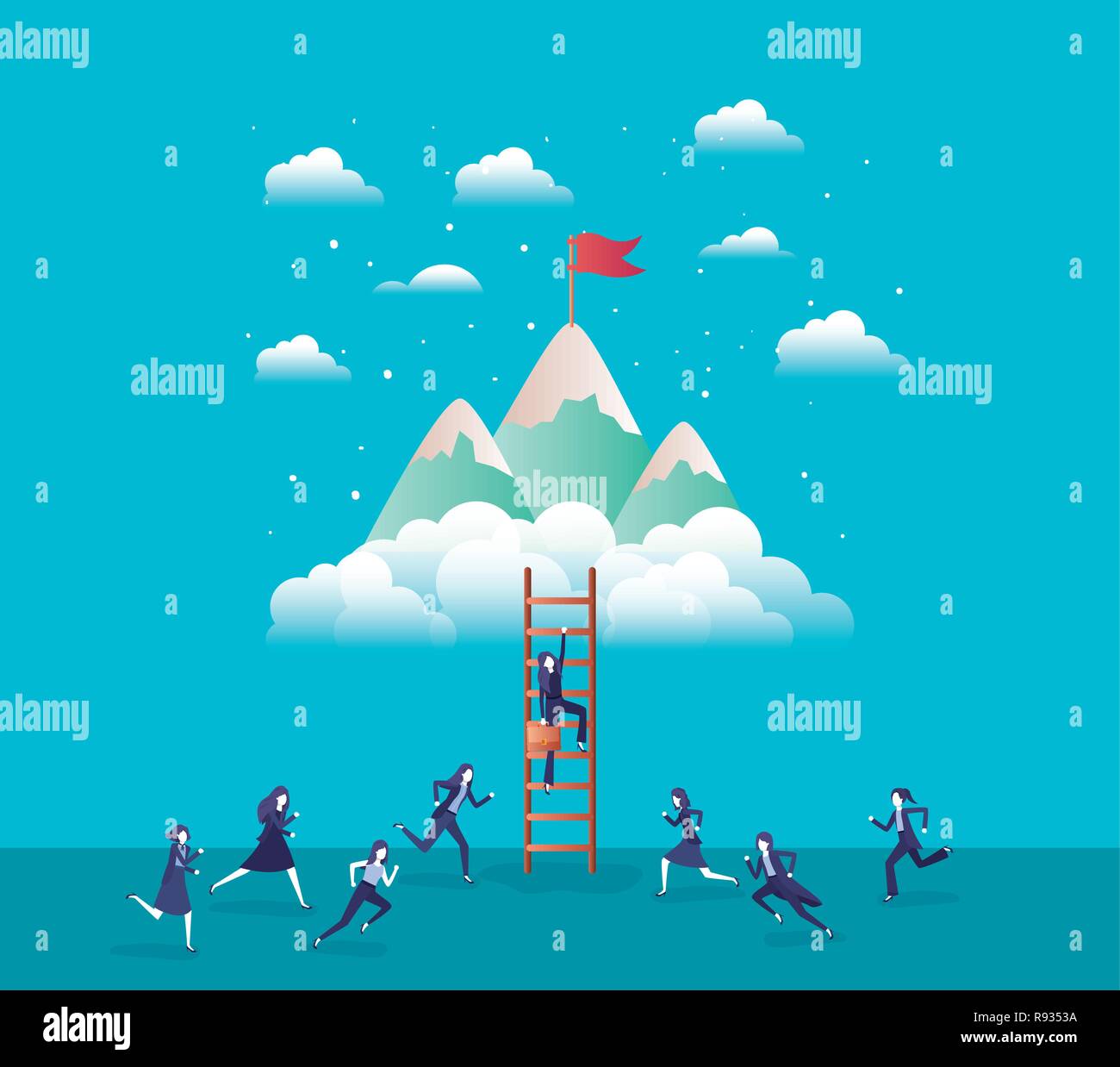 business people in mountains with flag with stair Stock Vector