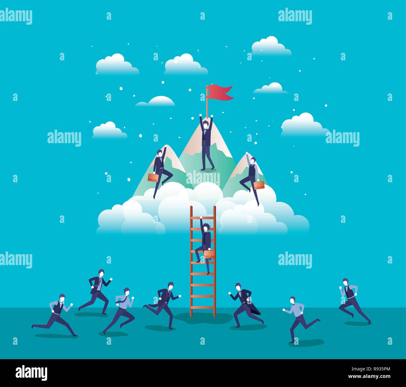 business people in mountains with flag with stair Stock Vector