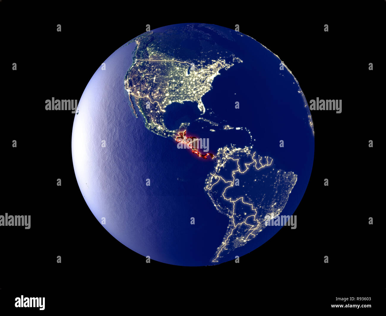 Central America from space on model of planet Earth with city lights ...