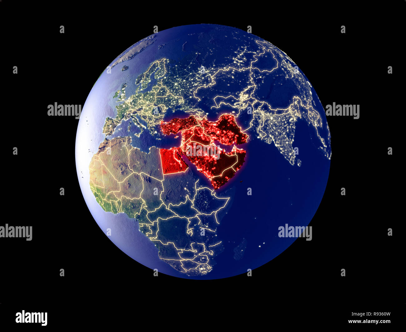 Middle East from space on model of planet Earth with city lights. Very ...