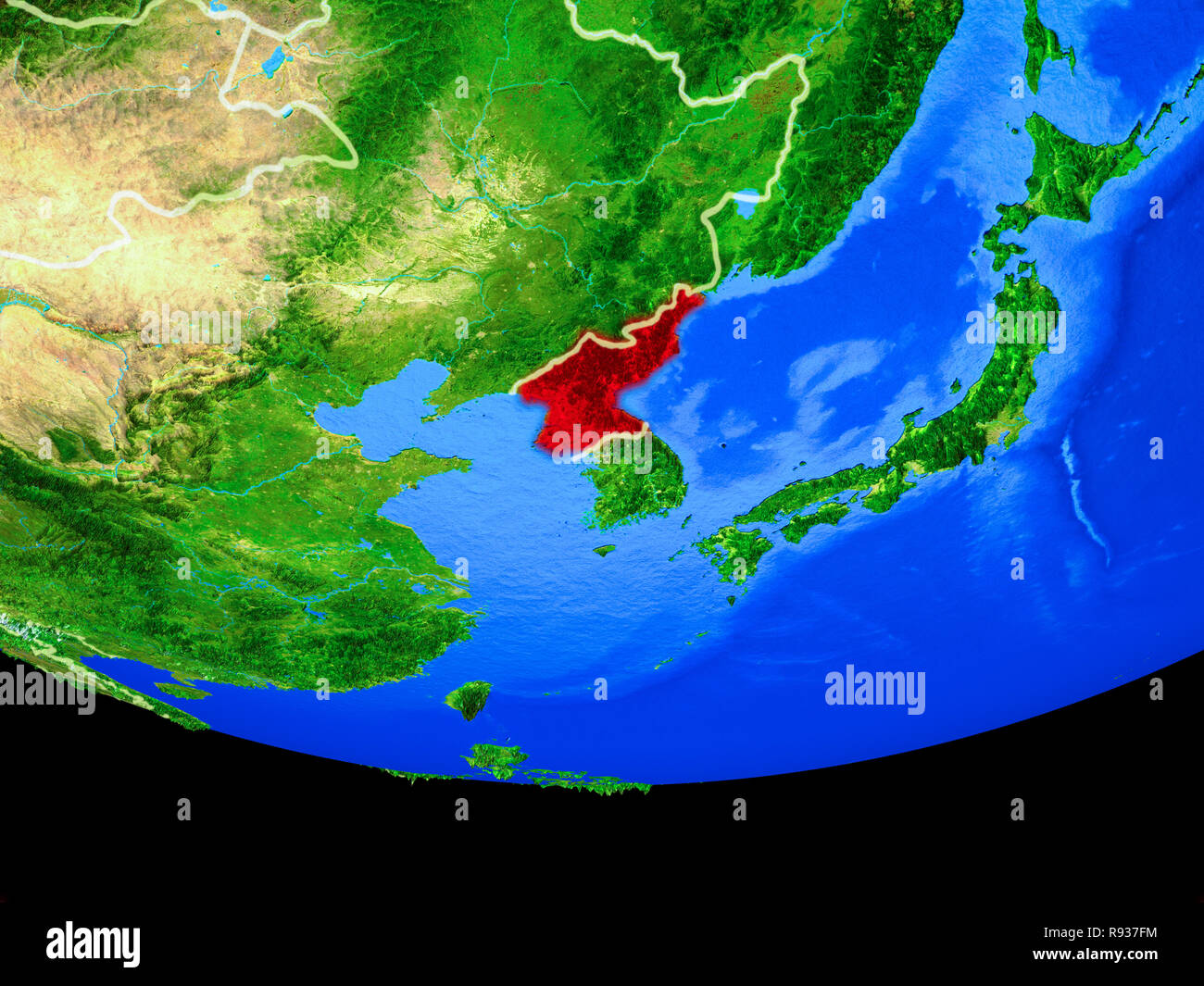 North Korea from space on model of planet Earth with country borders ...