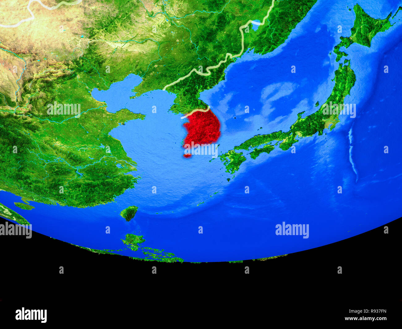 South Korea from space on model of planet Earth with country borders ...