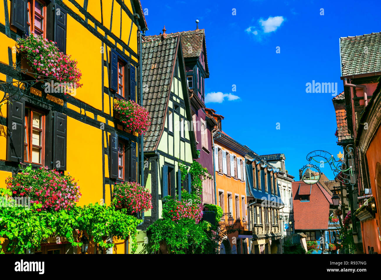 Traditional colorful houses in Riquewihr village,Alsace,France. Stock Photo