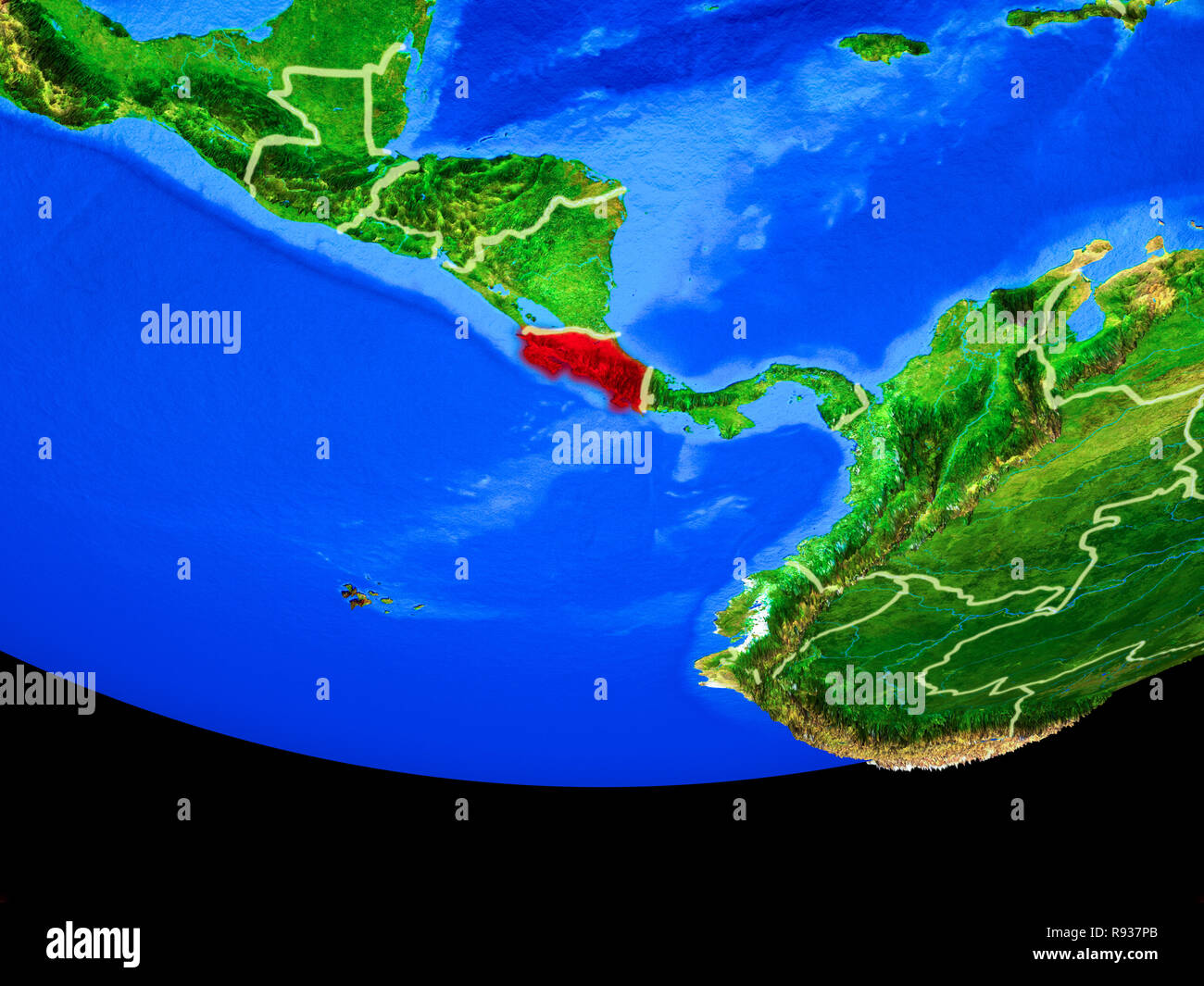 Costa Rica from space on model of planet Earth with country borders. 3D ...