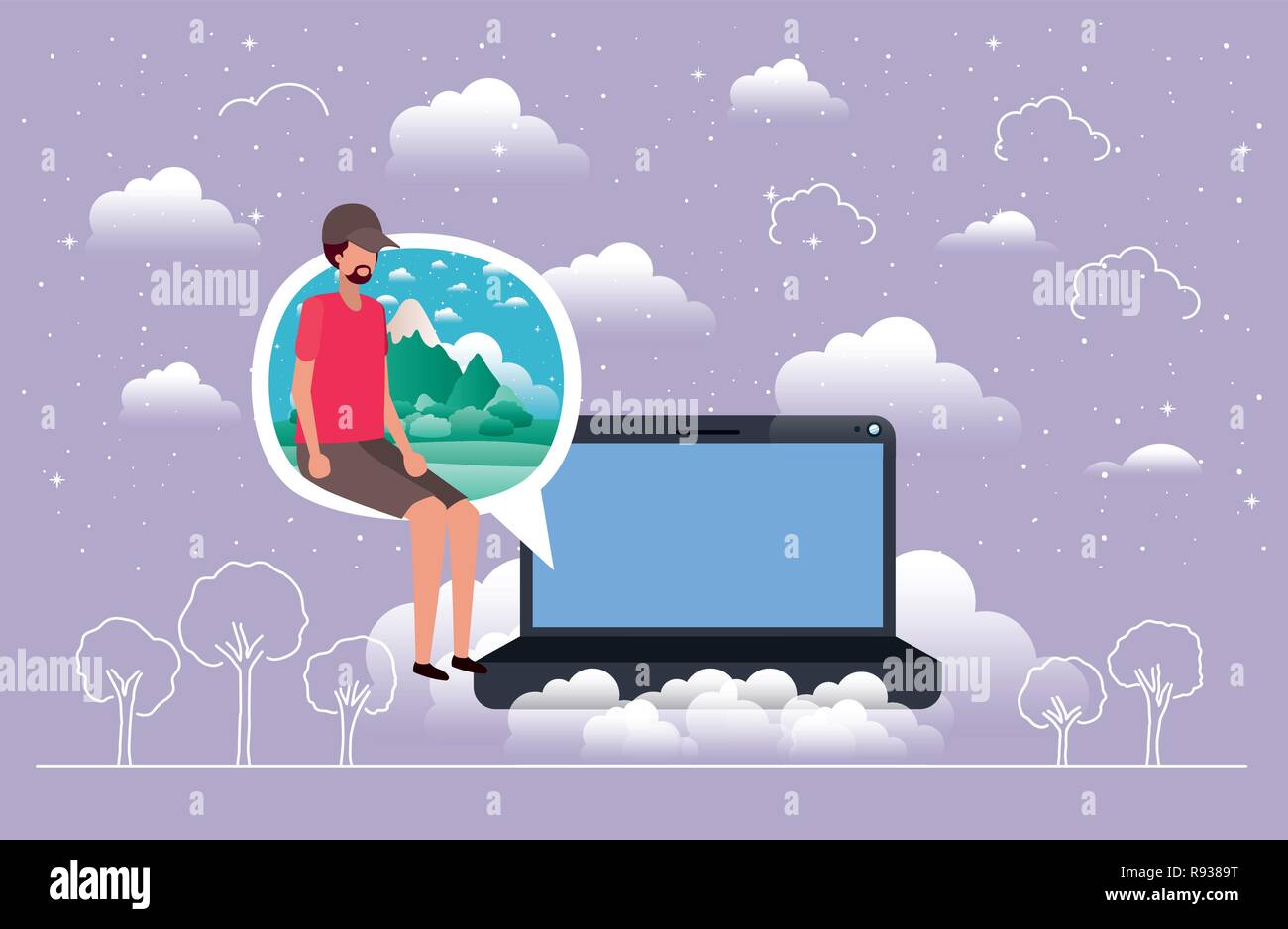 laptop with boy seated in speech bubble Stock Vector