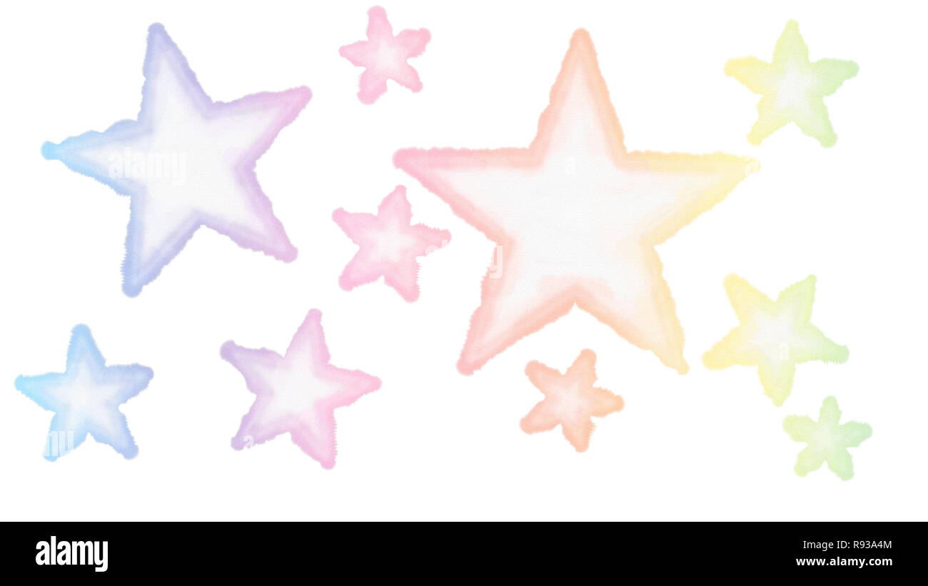 Digitally created illustrations of five pointed colorful stars with paper texture on a white textureless background. Watercolor technique. Stock Photo