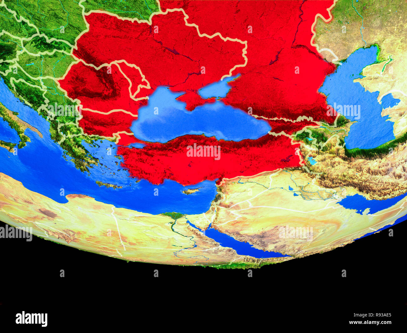 Black Sea Region from space on model of planet Earth with country ...