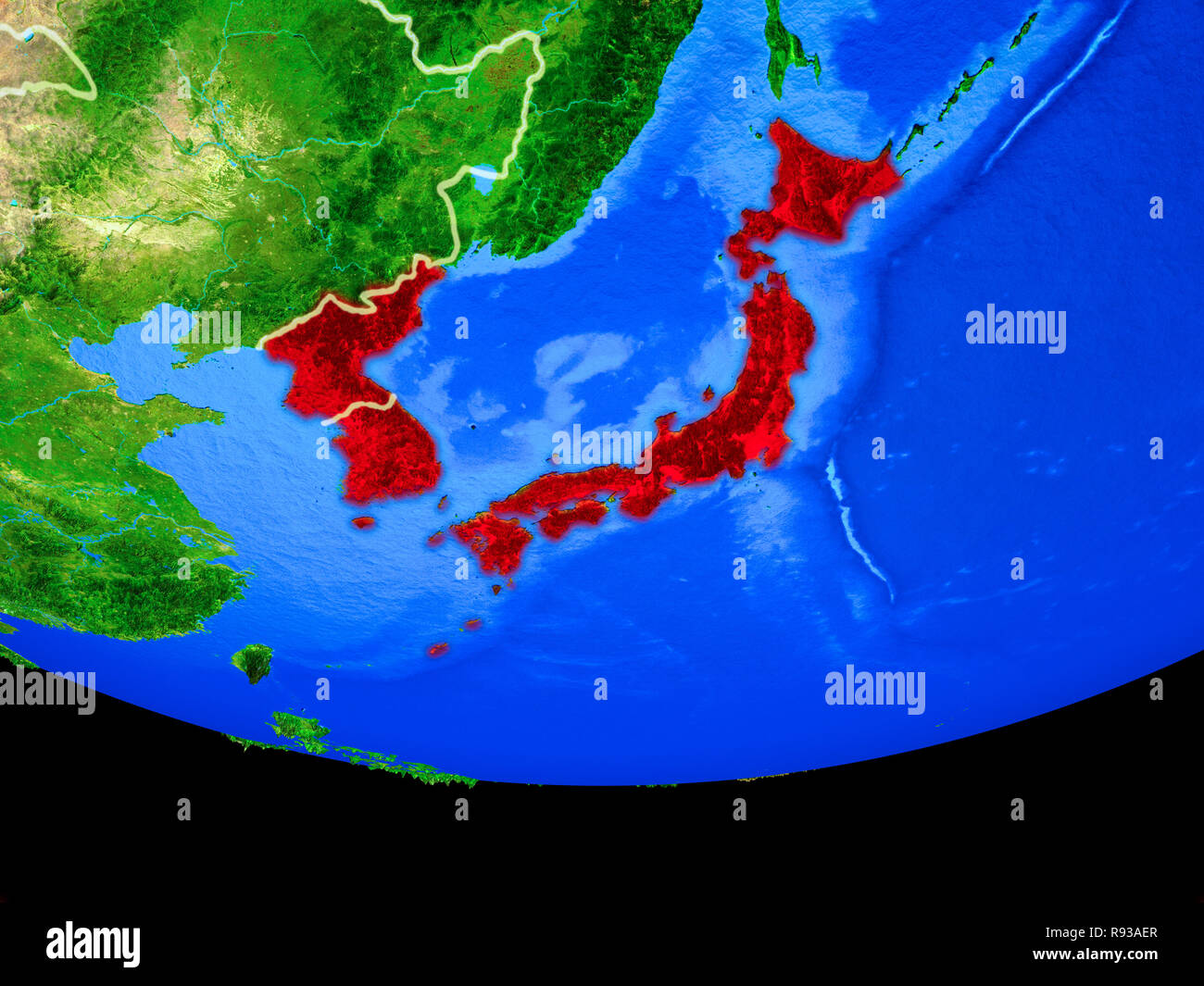 Japan and Korea from space on model of planet Earth with country ...