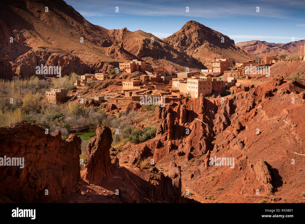 Morocco, Dades Valley remote rural village amongst red rocky landscape