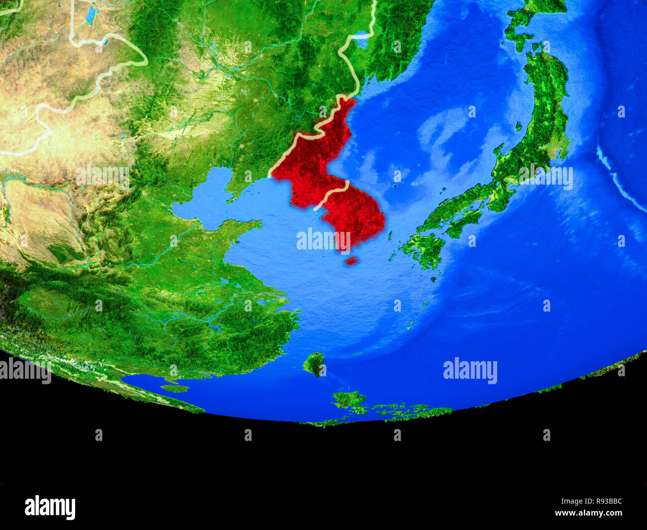 Korea from space on model of planet Earth with country borders. 3D ...