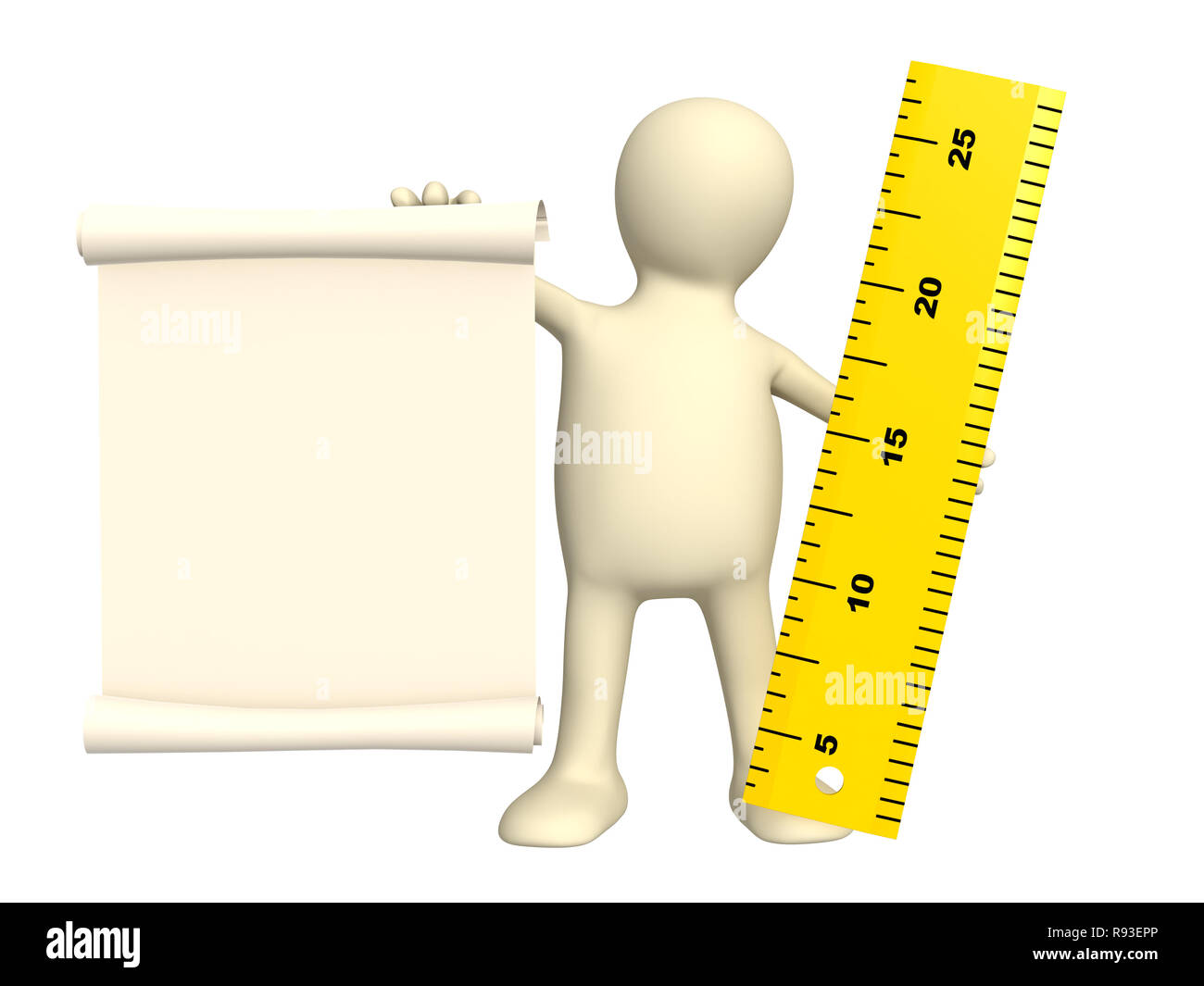 New message 3d puppet with information scroll and ruler Stock Photo