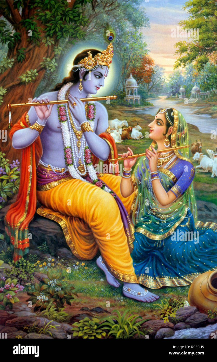 Lord Radha Krishna with flutes painting Stock Photo