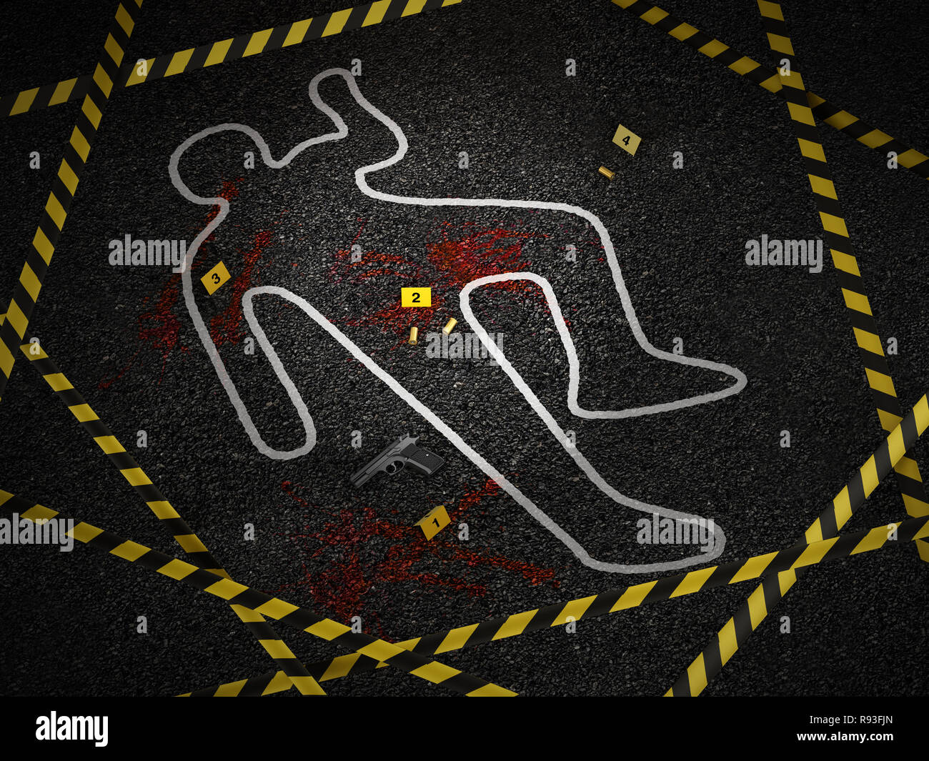 Crime scene of a murder case. 3D illustration. Stock Photo