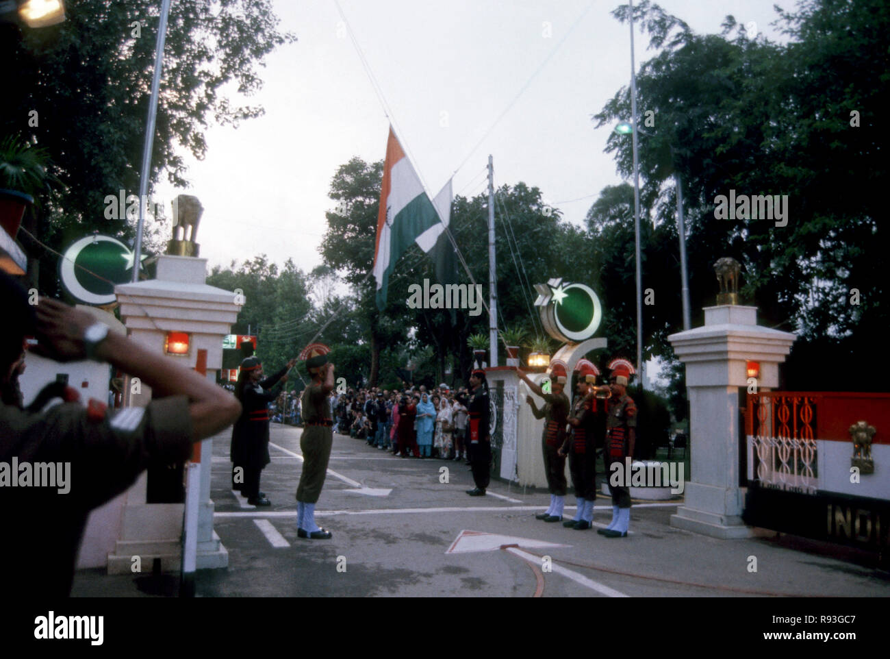 flag lowering ceremony, india-pakistan border Stock Photo