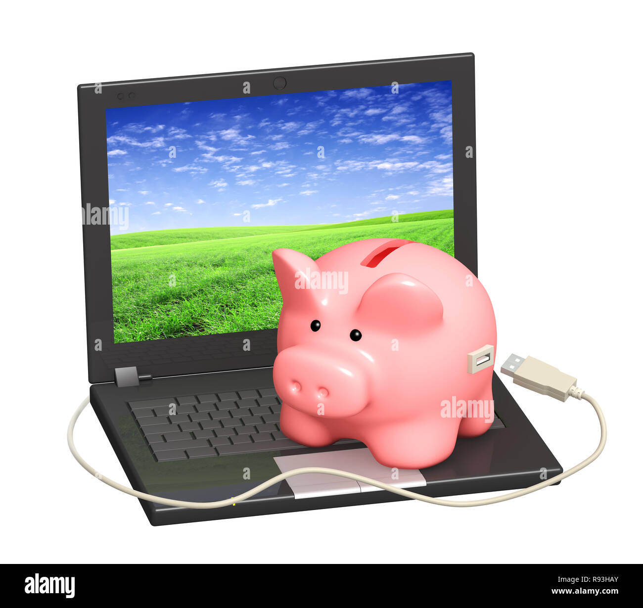 Electronic bank account. Piggy bank and laptop. Objects isolated over ...