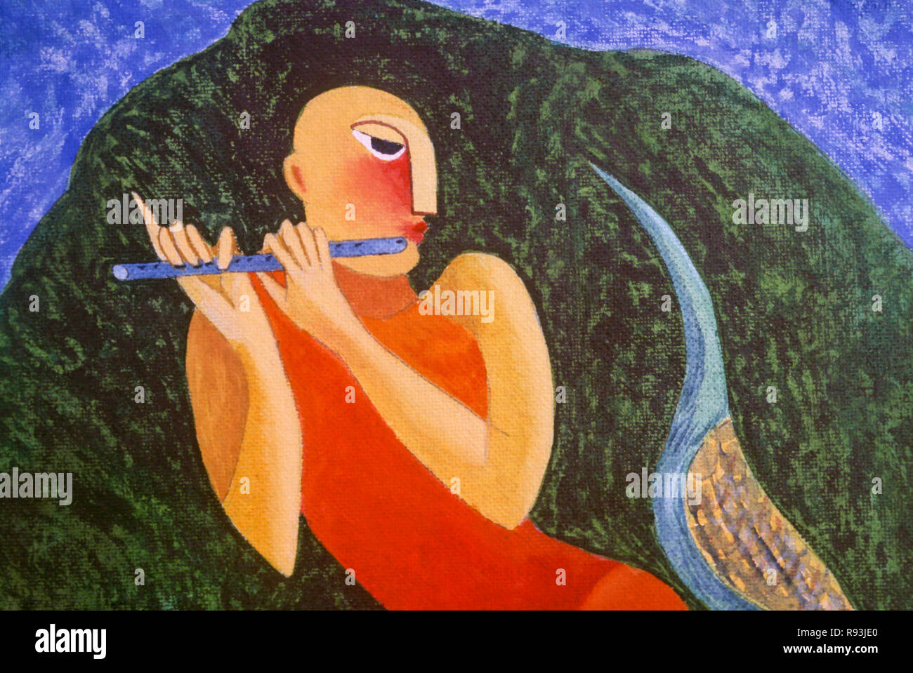 Painting of person playing flute Stock Photo