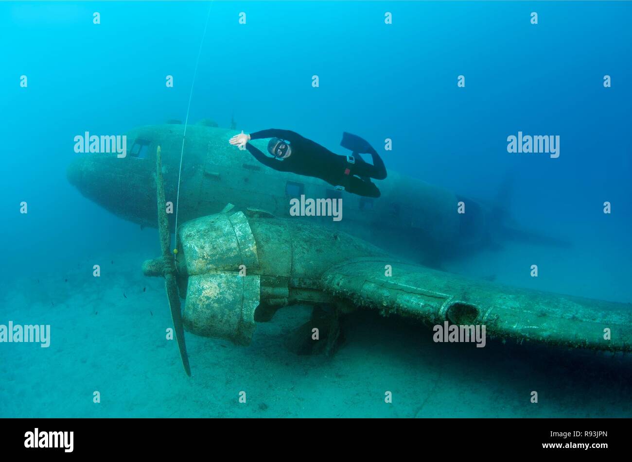 Freediver at plane wreck Douglas DC-3 'Dakota', Mediterranean Sea, Kas, Kaş, Turkey Stock Photo