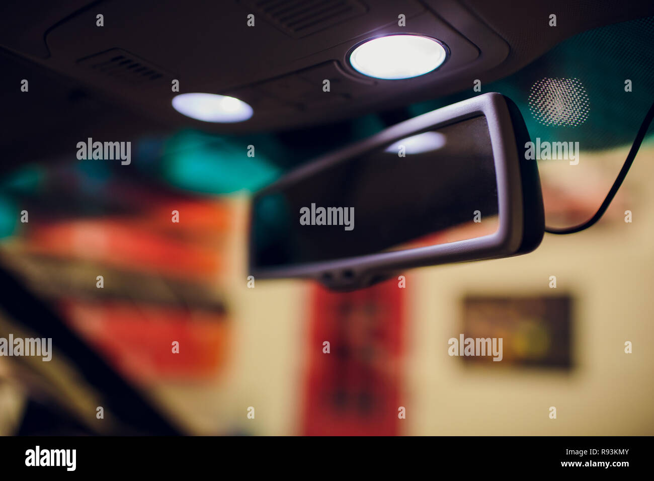 Vehicle interior with rear view mirror and windshield car salon concept