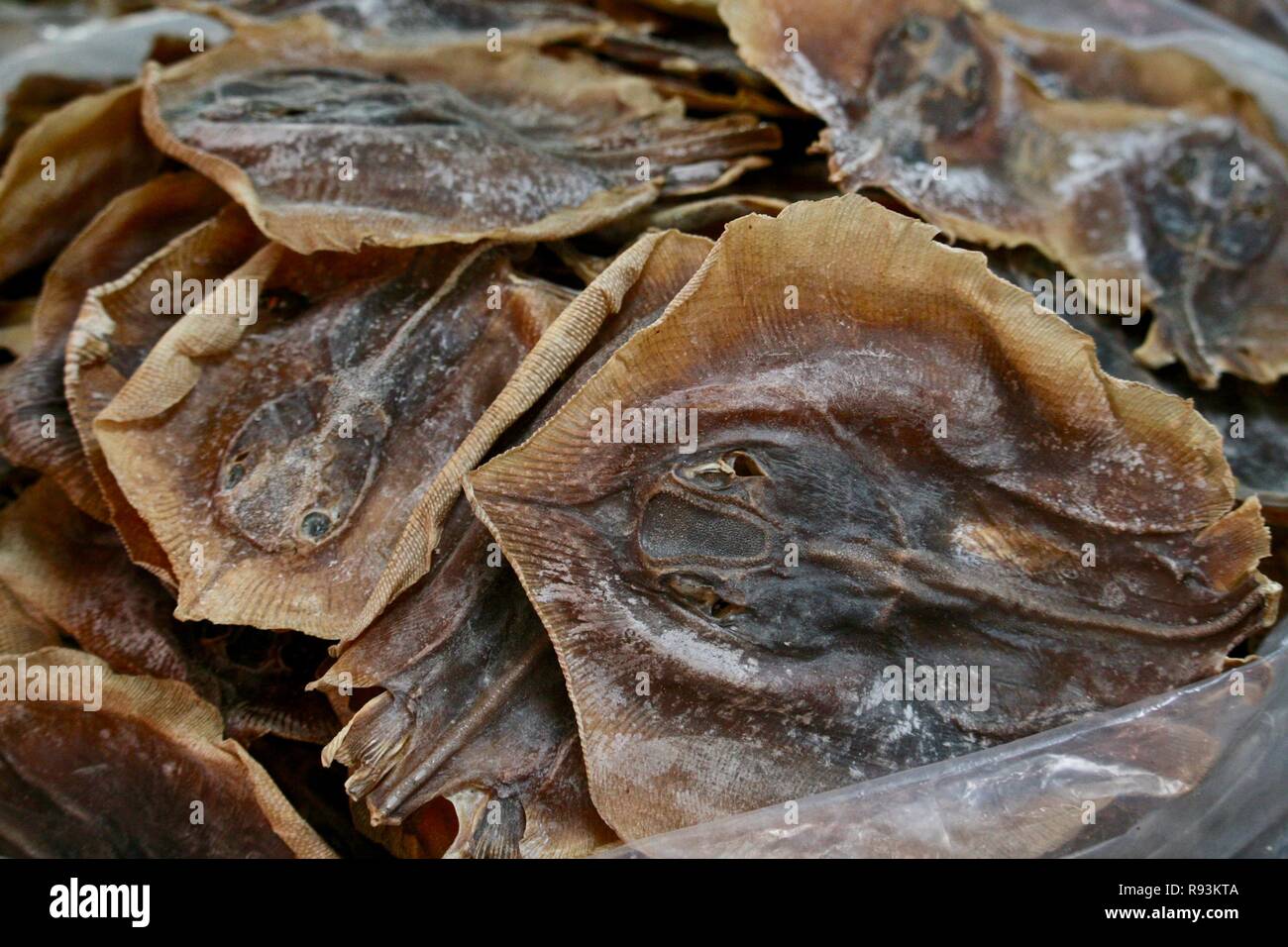 Dried stingrays for sale in a Cambodian seafood market Stock Photo