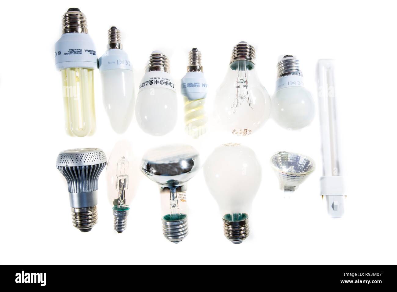 Various lamps, light bulbs, energy saving lamps and LED lamps Stock Photo