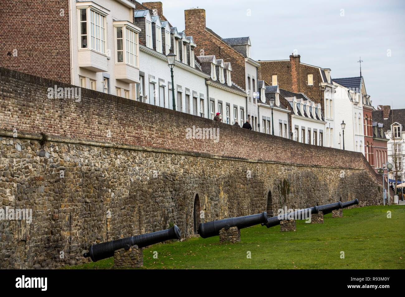 City wall on the western bank of the Maas River, Maastricht, Limburg, The Netherlands Stock Photo