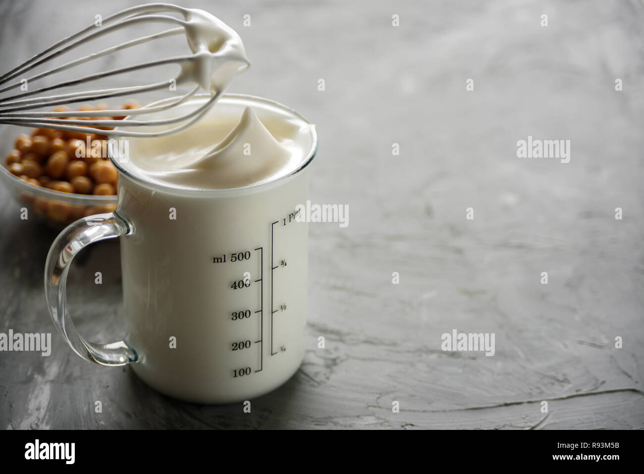 Chickpea water aquafaba whipped. Egg replacement. Vegan concept Stock Photo