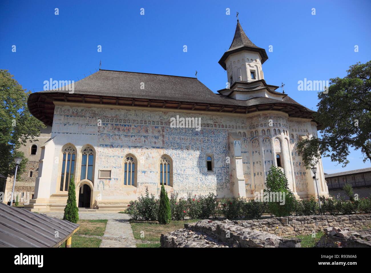 Monastery Church of St Nicholas, Sf Nicolae, UNESCO World Heritage Site, Probota Monastery in Probota, Romania, Europe Stock Photo