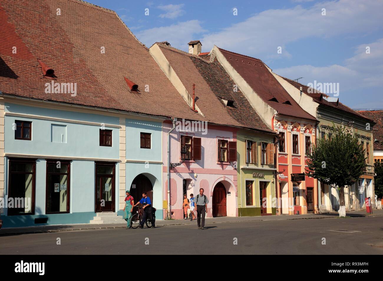 Colourful row of houses, Medias, Mediasch, Medwisch, Sibiu, Transylvania, Romania Stock Photo
