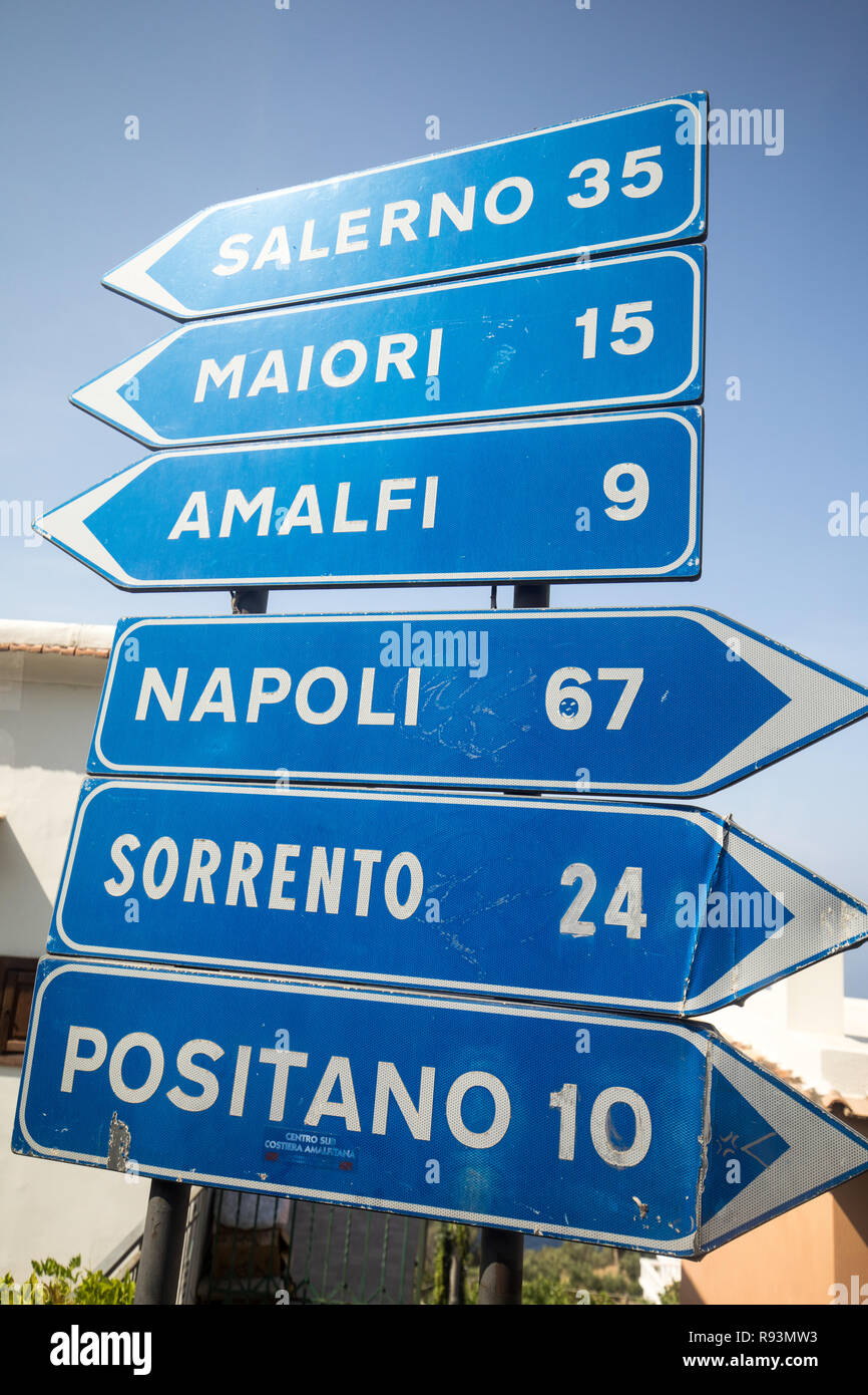 Amalfi Coast, Italy - June 16, 2017: Road signs with indicated the direction to take and the distance in  Amalfi Coast. Italy Stock Photo
