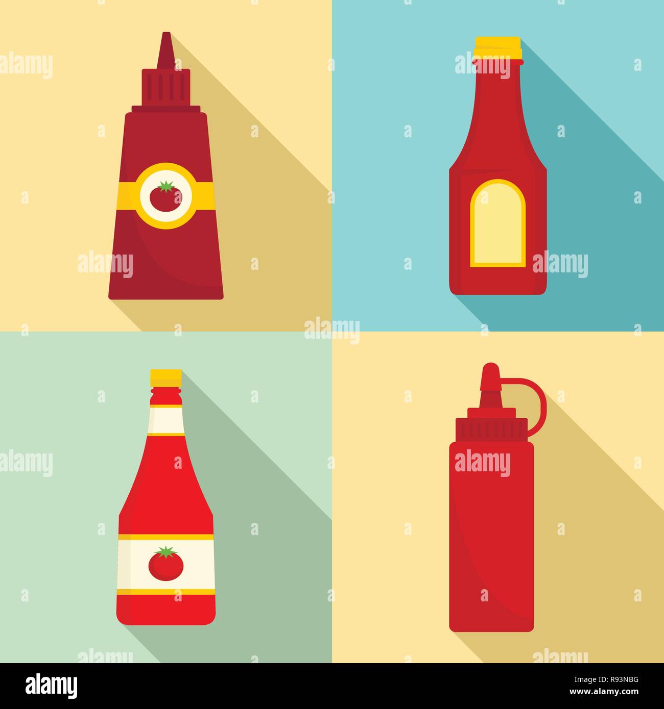 Ketchup icon set. Flat set of ketchup vector icons for web design Stock