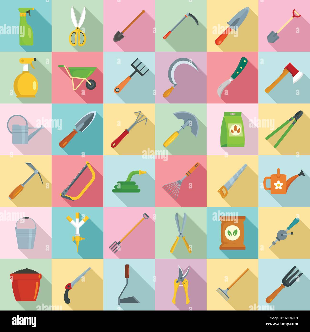Gardening tools icon set. Flat set of gardening tools vector icons for web design Stock Vector