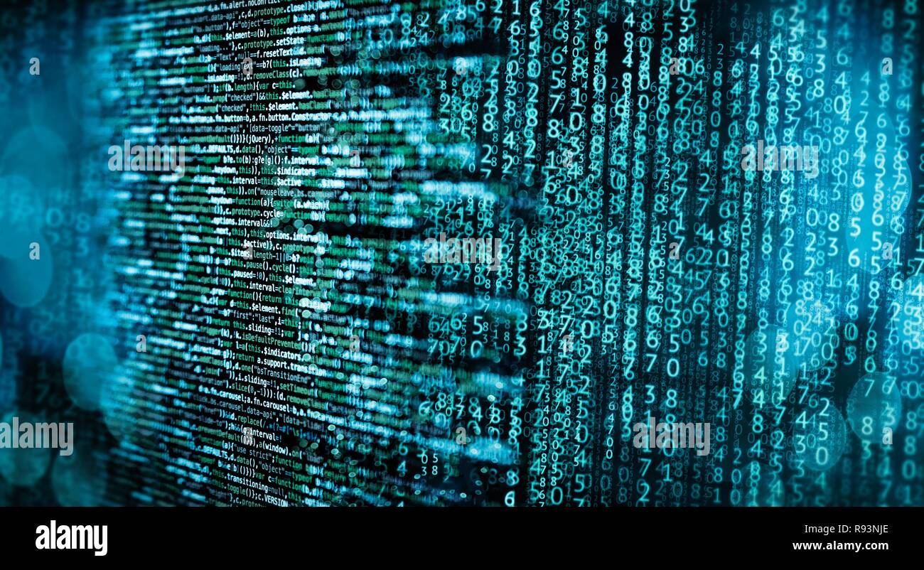 Programming code with matrix and abstract technical background in blue ...