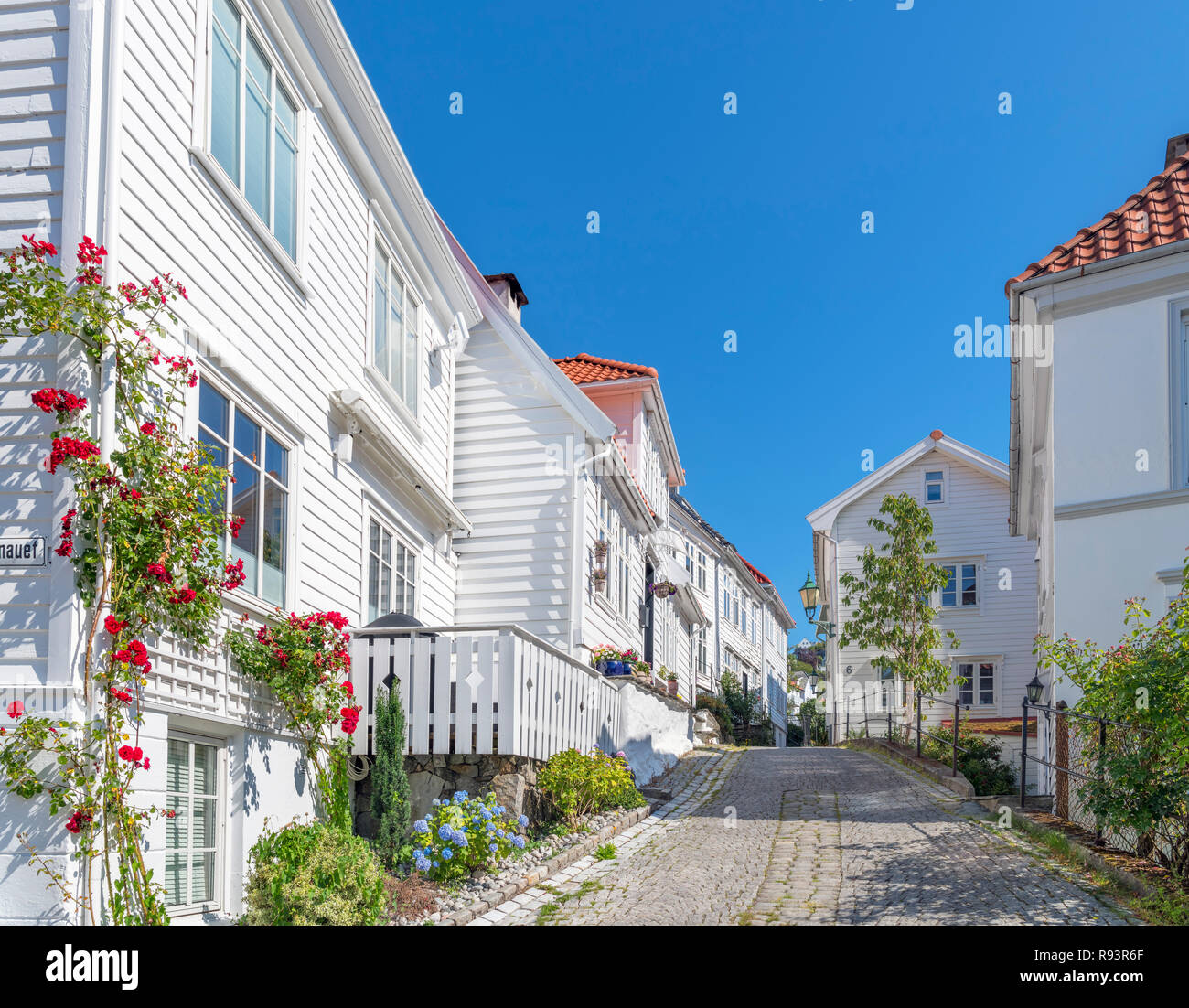 Traditional wooden houses on the lower slopes of Mount Fløyen, Bergen, Westland, Norway Stock Photo