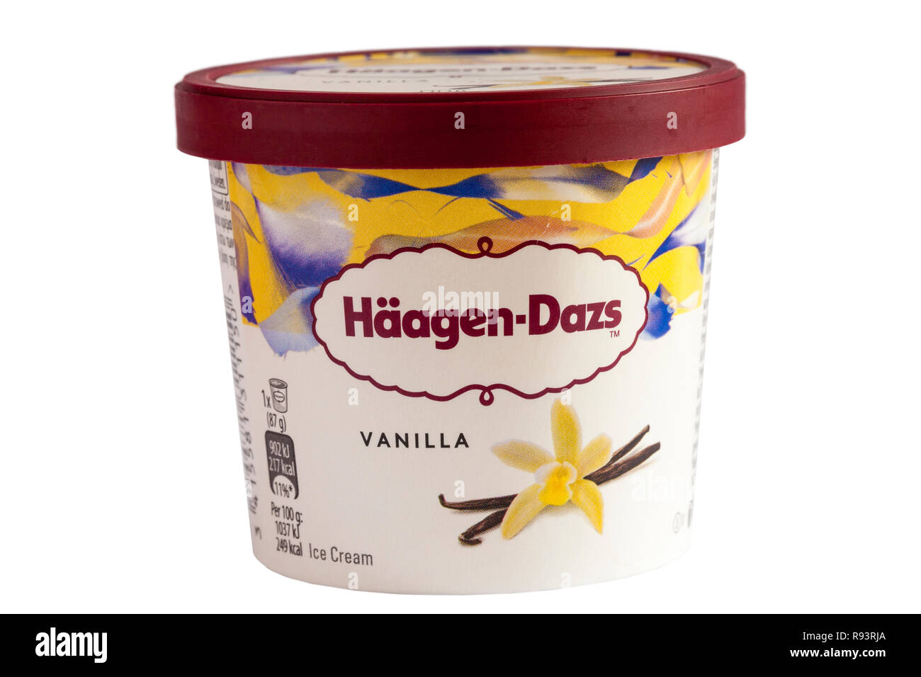 Tub of Haagen-Dazs Vanilla ice cream, part of new vanilla collection mini cups isolated on white background Stock Photo