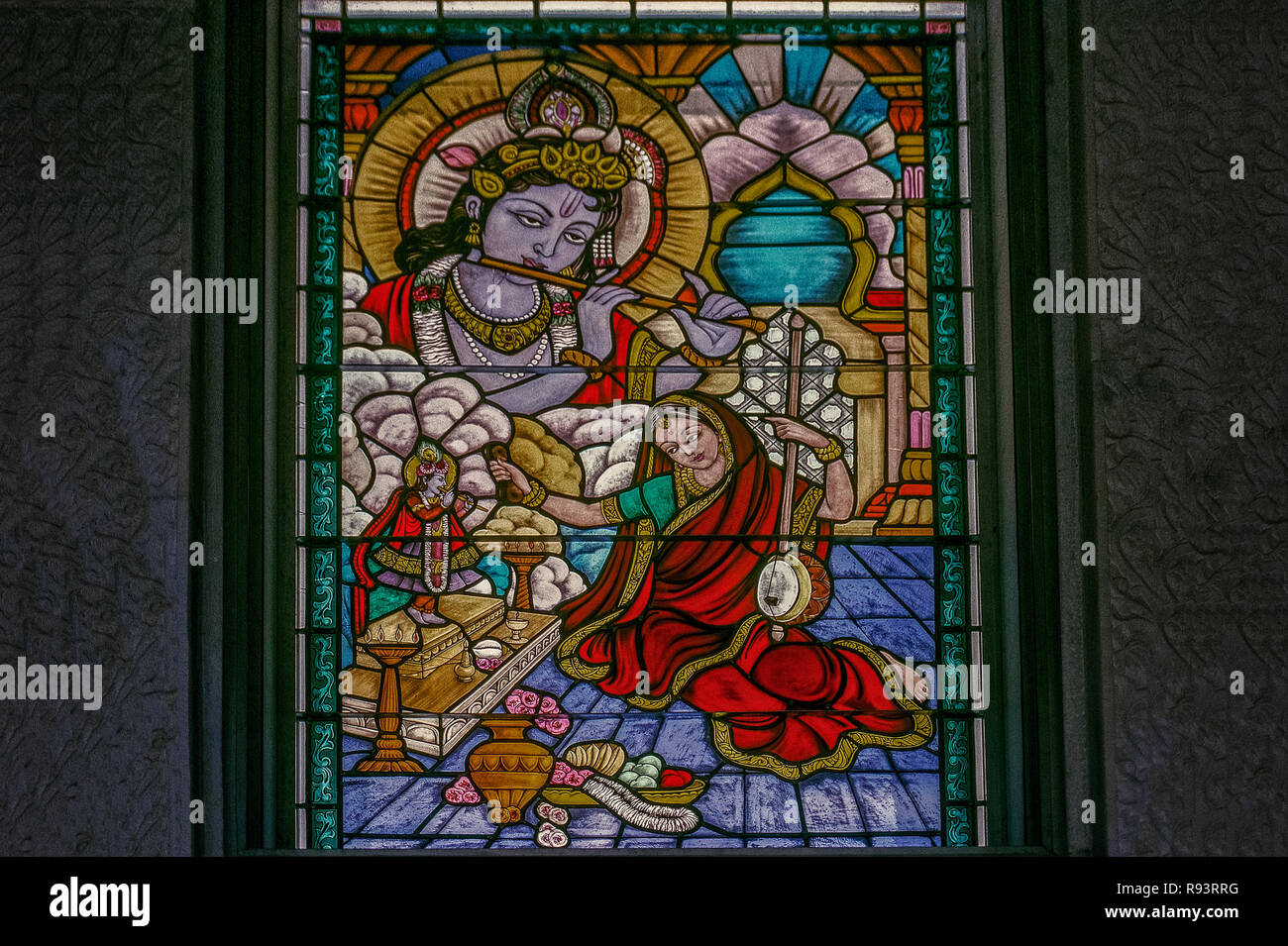 12â€”Aug-2007-stain glass glass painting Krishna and Mira bai jaipur Rajasthan INDIA asia Stock Photo