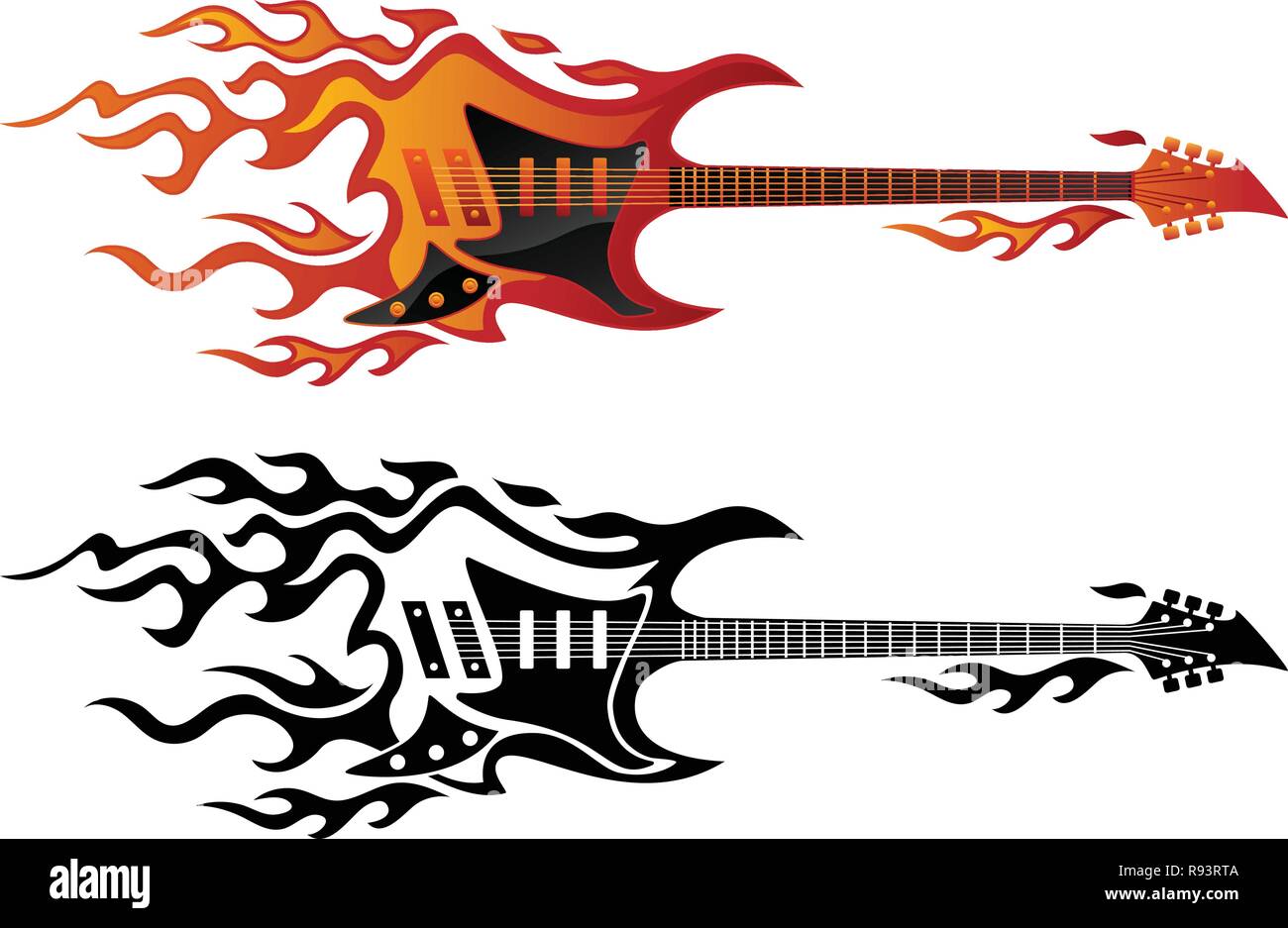 Electric guitar on fire in full color and black flames vector illustration Stock Vector