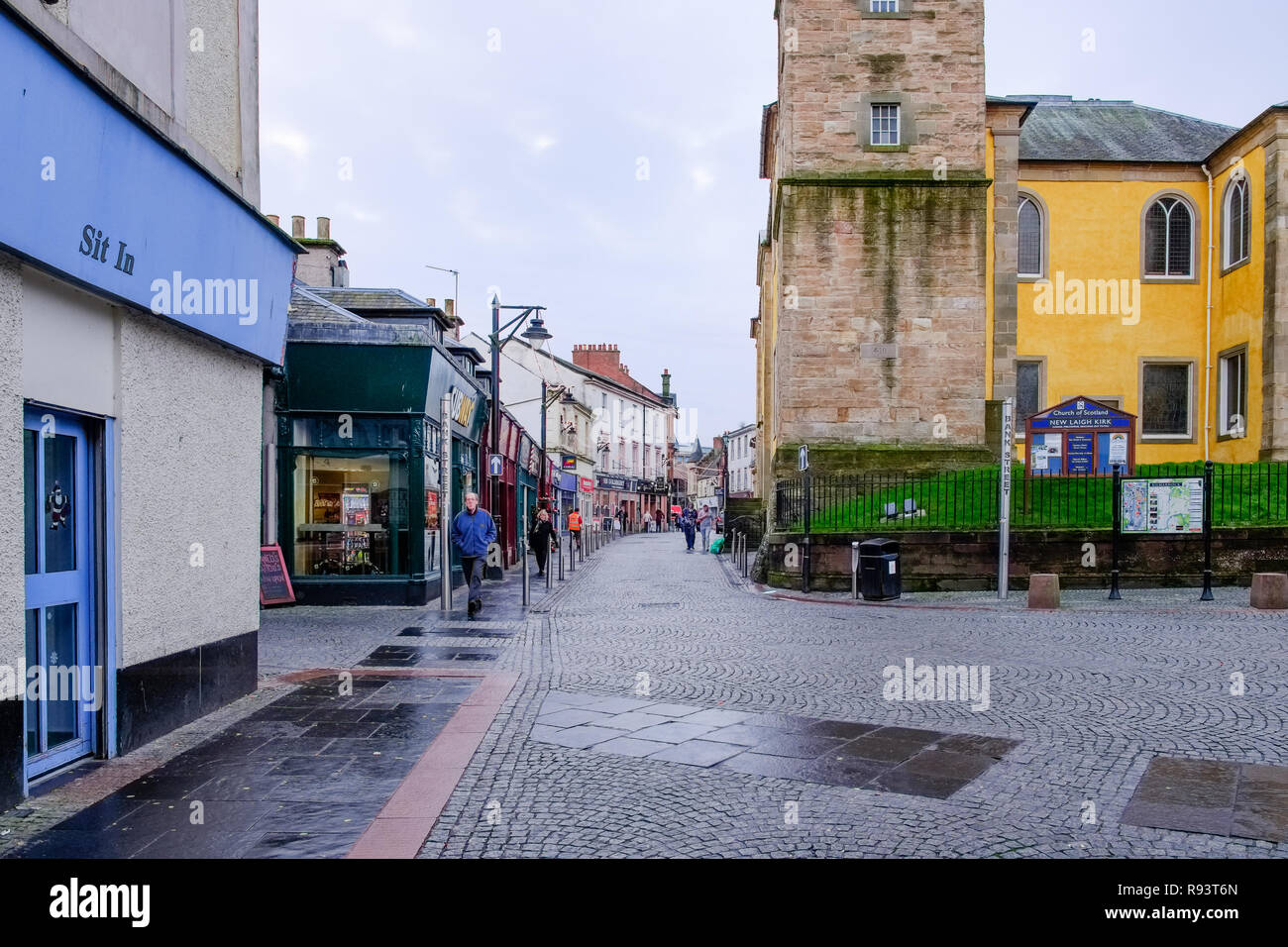 Kilmarnock, Scotland, UK - December 10, 2018: Bank Street pedestrian area in the Scottish town centre of Kilmarnock with empty shops being an area of  Stock Photo
