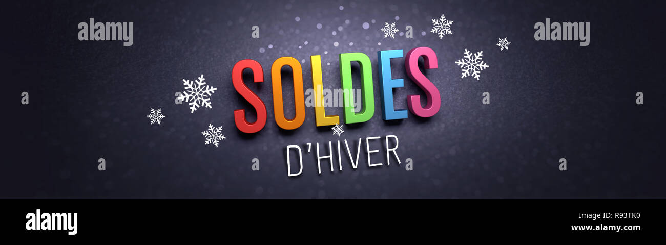 Colorful Winter Sale writing in French language, with snowflakes shapes on black banner - 3D illustration Stock Photo
